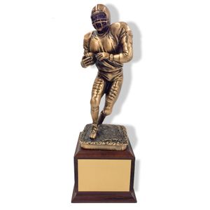 12 INCH HEIGHT ELECTROPLATED ANTIQUE BRASS FOOTBALL PLAYER TROPHY ON WALNUT FINISH BASE