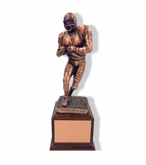 12 INCH HEIGHT ELECTROPLATED ANTIQUE BRONZE FOOTBALL PLAYER TROPHY ON WALNUT FINISH BASE
