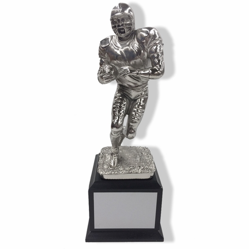 12 INCH HEIGHT ELECTROPLATED ANTIQUE SILVER FOOTBALL PLAYER TROPHY ON WALNUT FINISH BASE