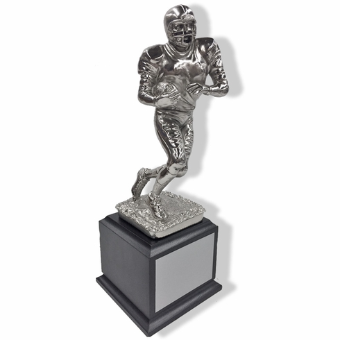 12 INCH HEIGHT ELECTROPLATED ANTIQUE SILVER FOOTBALL PLAYER TROPHY ON WALNUT FINISH BASE