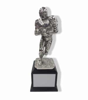 12 INCH HEIGHT ELECTROPLATED ANTIQUE SILVER FOOTBALL PLAYER TROPHY ON WALNUT FINISH BASE