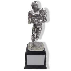 12 INCH HEIGHT ELECTROPLATED ANTIQUE SILVER FOOTBALL PLAYER TROPHY ON WALNUT FINISH BASE