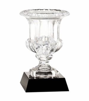 12 INCH HEIGHT HAND CUT CRYSTAL BOWL MOUNTED ON BLACK CRYSTAL BASE 