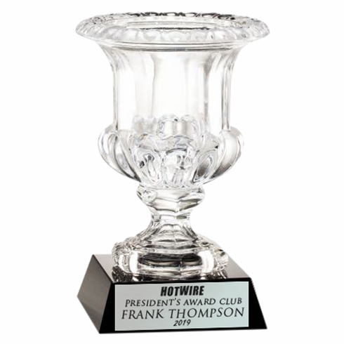 12 INCH HEIGHT HAND CUT CRYSTAL BOWL MOUNTED ON BLACK CRYSTAL BASE 