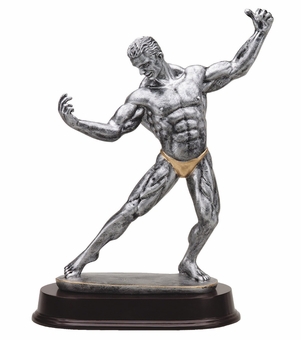 12 INCH MALE BODY BUILDER ANTIQUE SILVER FINISH TROPHY