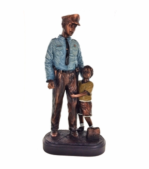 12 INCH POLICE OFFICER WITH CHILD TROPHY, ELECTROPLATED IN BRONZE WITH PAINTED COLORS