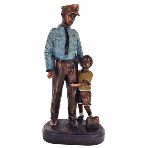12 INCH POLICE OFFICER WITH CHILD TROPHY, ELECTROPLATED IN BRONZE WITH PAINTED COLORS