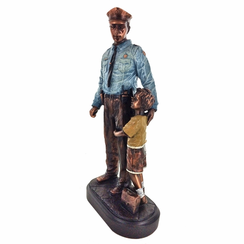 12 INCH POLICE OFFICER WITH CHILD TROPHY, ELECTROPLATED IN BRONZE WITH PAINTED COLORS