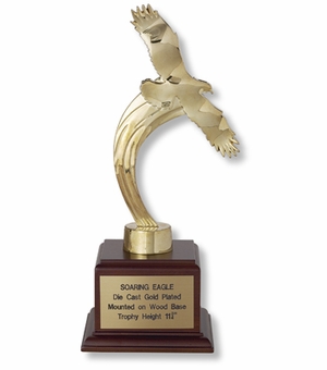 12 INCH SOARING GOLD EAGLE TROPHY, ELECTROPLATED