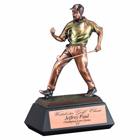 12" MALE GOLF TROPHY ELECTROPLATED IN BRONZE MULTI-COLOR ON BLACK BASE