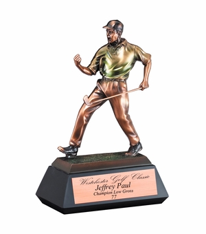 12" MALE GOLF TROPHY ELECTROPLATED IN BRONZE MULTI-COLOR ON BLACK BASE
