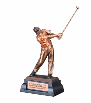 12" MALE GOLFER TROPHY FOLLOW THROUGH SWING ELECTROPLATED BRONZE