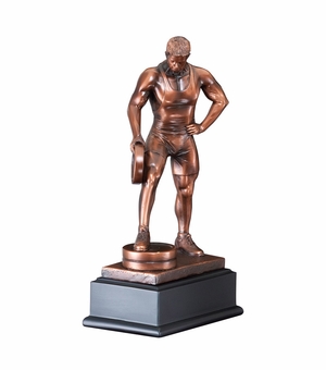 12" MALE WEIGHT LIFTERTROPHY ANTIQUE BRONZE FINISH ON BLACK BASE WITH COPPER ENGRAVING PLATE