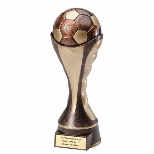 12" SOCCER BALL SCULPTED HEAVY WEIGHTED PLASTIC TROPHY ANTIQUE GOLD