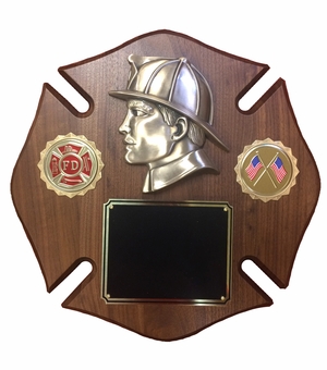 12 X 12 INCH FIREMAN MALTESE CROSS WALNUT VENEER PLAQUE