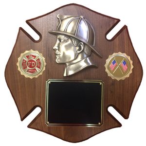 12 X 12 INCH FIREMAN MALTESE CROSS WALNUT VENEER PLAQUE