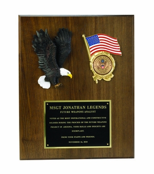 12 X 15 INCH EAGLE FLAG PLAQUE WALNUT FINISH TAKES 2 INCH MEDALLION