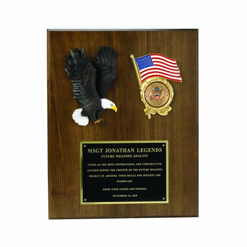 12 X 15 INCH EAGLE FLAG PLAQUE WALNUT FINISH TAKES 2 INCH MEDALLION
