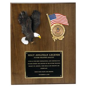 12 X 15 INCH EAGLE FLAG PLAQUE WALNUT FINISH TAKES 2 INCH MEDALLION