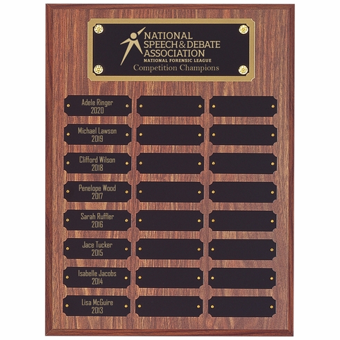 12 x 16 INCH WALNUT FINISH PERPETUAL PLAQUE WITH BLACK AND GOLD HEADER PLATE-24 NAME PLATES