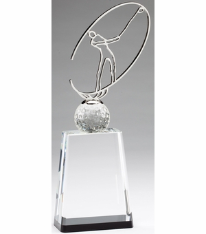12" x 5" MODERN METAL GOLFER ON CRYSTAL BASE TROPHY