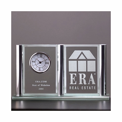 12 X 7 INCH JADED GLASS CLOCK, PHOTO HOLDER