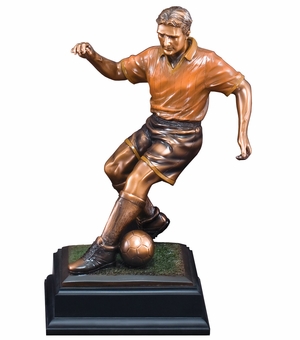 13-1/2 INCH ANTIQUE BRASS ELECTROPLATED MALE SOCCER TROPHY ON BLACK WOOD BASE