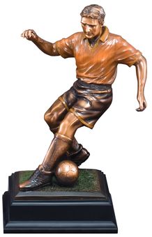 13-1/2 INCH ANTIQUE BRASS ELECTROPLATED MALE SOCCER TROPHY ON BLACK WOOD BASE