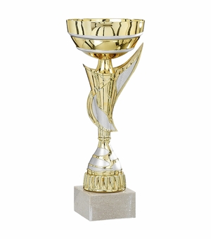 13-1/2 INCH GOLD WITH SILVER ACCENTS EUROPEAN STYLE TROPHY CUP ON WHITE MARBLE BASE