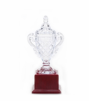 13-1/2 INCH LEAD CRYSTAL TROPHY CUP MOUNTED ON ROSEWOOD BASE