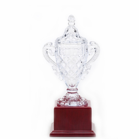 13-1/2 INCH LEAD CRYSTAL TROPHY CUP MOUNTED ON ROSEWOOD BASE