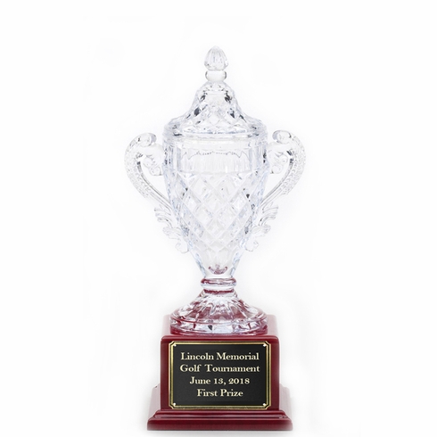 13-1/2 INCH LEAD CRYSTAL TROPHY CUP MOUNTED ON ROSEWOOD BASE