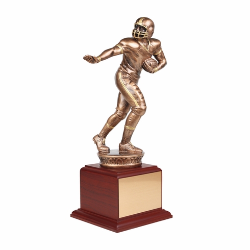 13 -1/2 INCH PAINTED ANTIQUE BRONZE FOOTBALL FIGURE TROPHY WITH ROSEWOOD BASE AND COPPER PLATE