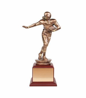 13 -1/2 INCH PAINTED ANTIQUE BRONZE FOOTBALL FIGURE TROPHY WITH ROSEWOOD BASE AND COPPER PLATE