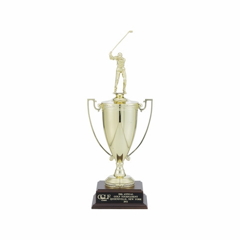 13-1/2 INCH TROPHY WITH 5-3/4 INCH GOLD CUP TAKES FIGURE