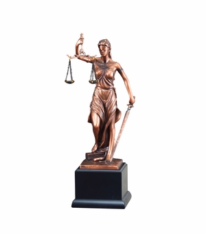 13-1/2" LADY OF JUSTICE ELECTROPLATED ANTIQUE BRONZE FINISH ON BLACK BASE