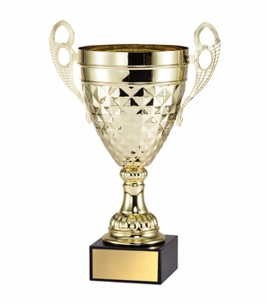 13-1/4 INCH MODERN STYLE GOLD METAL TROPHY CUP WITH DECORATIVE PATTERN