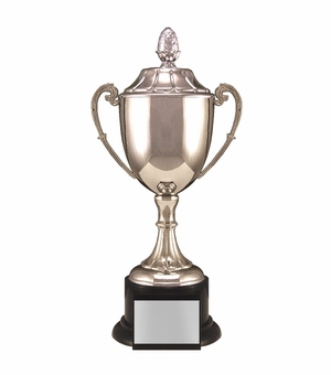 13-1/4 INCH NICKEL PLATED POLISHED SILVER TROPHY CUP ACORN TOP ON BLACK BASE