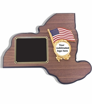 13-1/4 X 11 INCH NEW YORK STATE WALNUT VENEER PLAQUE WITH 2 INCH CUSTOM INSERT
