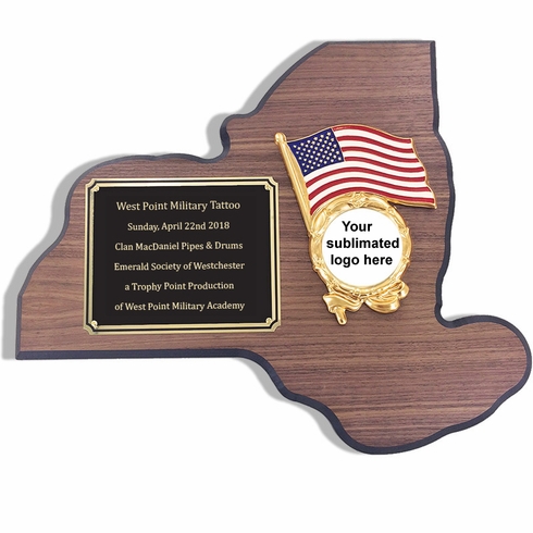 13-1/4 X 11 INCH NEW YORK STATE WALNUT VENEER PLAQUE WITH 2 INCH CUSTOM INSERT