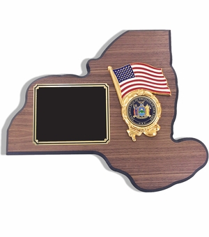 13-1/4 X 11 INCH NEW YORK STATE WALNUT VENEER PLAQUE WITH 2 INCH NYS MEDALLION INSERT