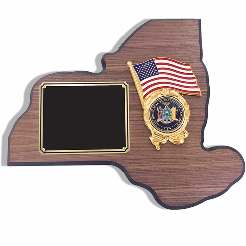 13-1/4 X 11 INCH NEW YORK STATE WALNUT VENEER PLAQUE WITH 2 INCH NYS MEDALLION INSERT