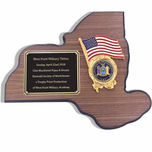 13-1/4 X 11 INCH NEW YORK STATE WALNUT VENEER PLAQUE WITH 2 INCH NYS MEDALLION INSERT