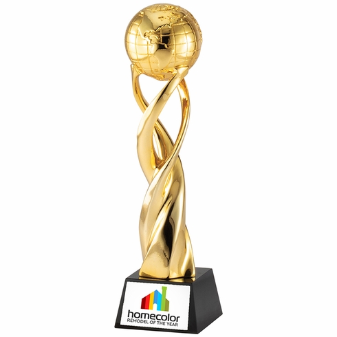 13-1/4 x 3-1/2 INCH METALLIC GOLD RESIN SPIRAL WORLD TROPHY ON BLACK CRYSTAL BASE