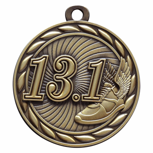 Die-Cast Metal 2-Inch in Diameter Round 13.1 Run Medal with Cutomizable Back in Antique Gold