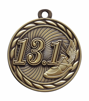 Die-Cast Metal 2-Inch in Diameter Round 13.1 Run Medal with Cutomizable Back in Antique Gold