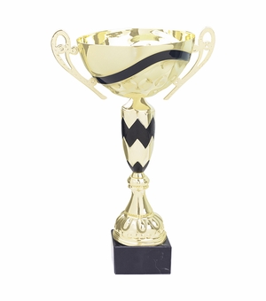 13-3/4 INCH GOLD WITH BLACK AND WHITE ACCENTS EUROPEAN STYLE TROPHY CUP ON BLACK MARBLE BASE