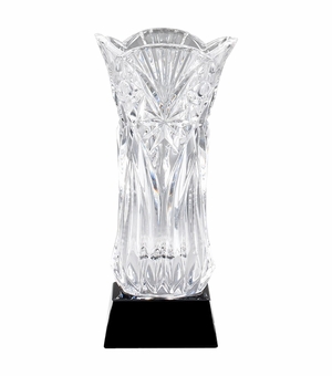 13-3/4 INCH HAND-CUT CRYSTAL VASE AWARD ON BLACK BASE