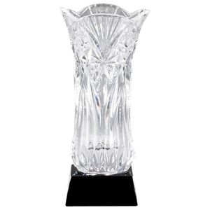 13-3/4 INCH HAND-CUT CRYSTAL VASE AWARD ON BLACK BASE