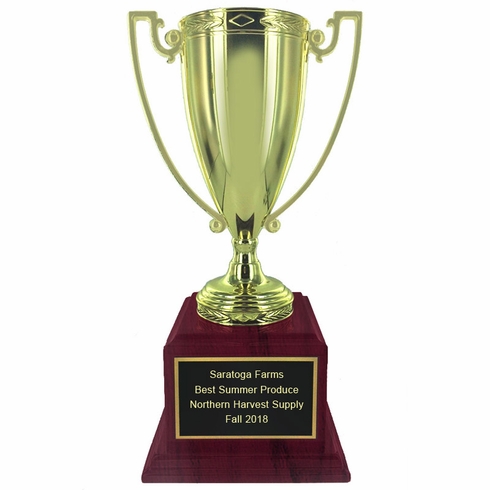 13-3/4 INCH HEIGHT BRIGHT GOLD METAL CUP TROPHY ON ROSEWOOD PIANO FINISH BASE
